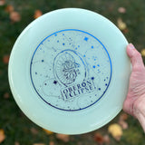 glow in the dark ultimate disc with Oberon Eclipse logo in metallic blue with circular star pattern framing