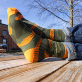 Orange and green camo print sock with orange top and Two Hearted IPA printed on upper portion in light green with darker green border