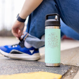 Seafoam blue Yeti 18oz water bottle with silver metallic Oberon logo embossed in the center and a black lid.