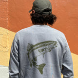 Light green crewneck with large trout on the back in olive green