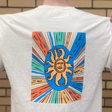 White tee shirt back with sunburst Oberon sun logo.