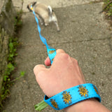 Bright blue dog leash with yellow plastic construction and clasp, with one orange buckle. There is a full color Oberon sun pattern repeated for the design on the leash