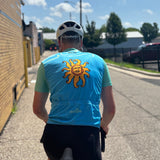 Men's cut shirt, front zipper, Tal sleeves strips into body of shirt, big Oberon logo on the back. small Bell's black logo on the top neck. Borah logo on lower back.