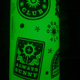 Green glow in the dark 32oz nalgene water bottle with black Oberon logos and sunshine themed images.