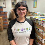 Gray 3/4 raglan tee shirt with black sleeves and vintage art of 6 brands and The Originales spelled out below.