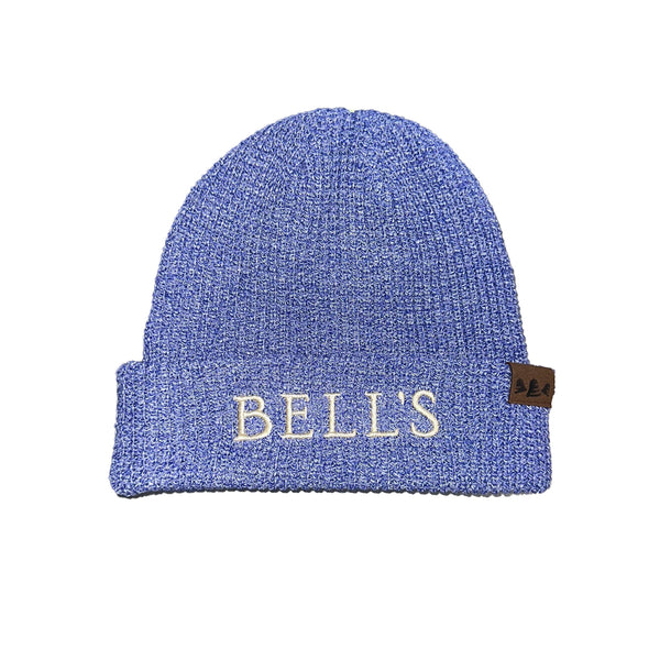 Heather blue waffle knit cap with white embroidered "Bell's" on lower fold and small leather Bell's logo patch sewn onto the top of the flap.