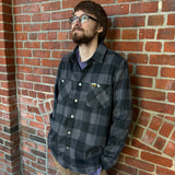 granite grey buffalo check plaid flannel shacket with full color Bell's logo pinch tag on right pocket