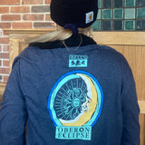 Back of long sleeve heather navy blue shirt with full Oberon Eclipse logo print.