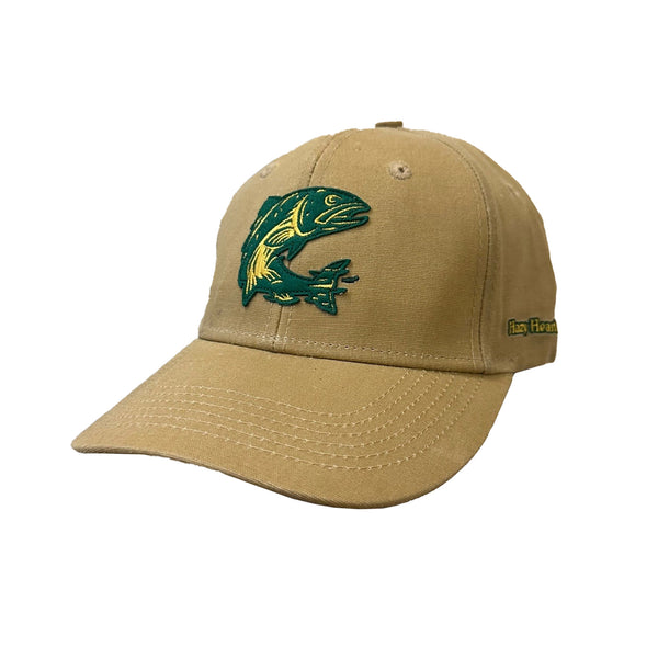 A khaki baseball hat with a green and yellow fish patch on on the front and a "Hazy Hearted" patch on the side. 