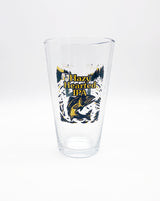 Clear pint glass featuring Hazy Hearted IP can art in yellow and navy.