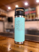 Seafoam blue Yeti 18oz water bottle with silver metallic Oberon logo embossed in the center and a black lid.