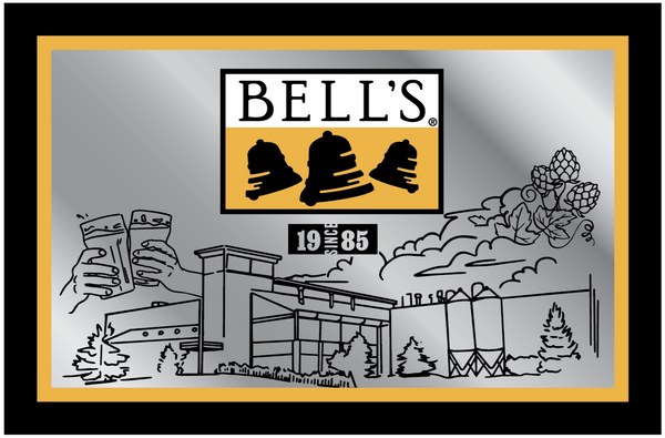 Large mirror, 24"x36", with yellow border and black frame.  There is a full color Bell's logo top center, and images in a outlined style across the mirror.  Beer glasses cheers, hops, and the production facility., and finally a "Since 1985" graphic in black below the logo.