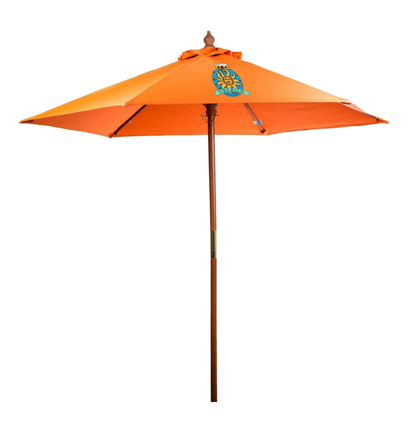Orange beach umbrella with Oberon Ale logo