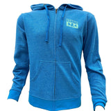 Heathered turquoise zip up hoodie with full color Oberon logo on the back, with small blue Bell's logo on the front left pocket. 
