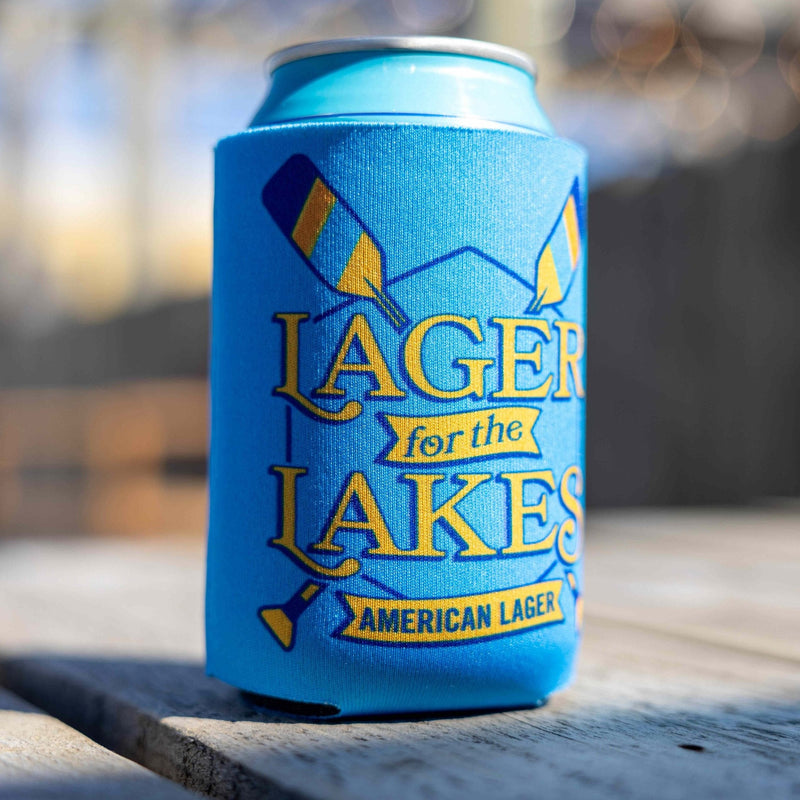 light blue can sleeve with Lager for the Lakes logo