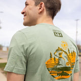 Sage green lightweight tee shirt with Bell's logo and circular image of a bear in a lake screen-printed on the back.