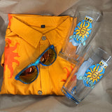 Orange Oberon button up shirt, blue Oberon sunglasses, and two full color Oberon logo printed pints