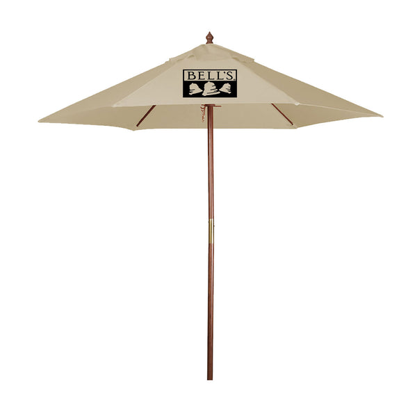 Front view of khaki beach umbrella with black Bell's logo across center panel