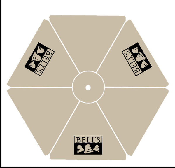 top rendered view of khaki beach umbrella with black Bell's logo across alternating panels