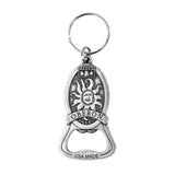 Silver beer bottle opener featuring embossed Oberon Ale logo in an oval. USA Made at the bottom of the opener.