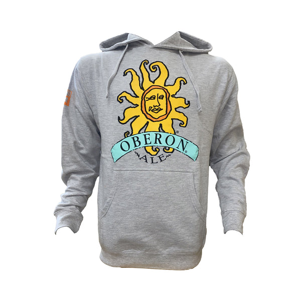 Heather gray hoodie with drawstrings and the Oberon Ale logo screen printed across the chest. An orange Bell's logo lives at the top of the right arm sleeve.