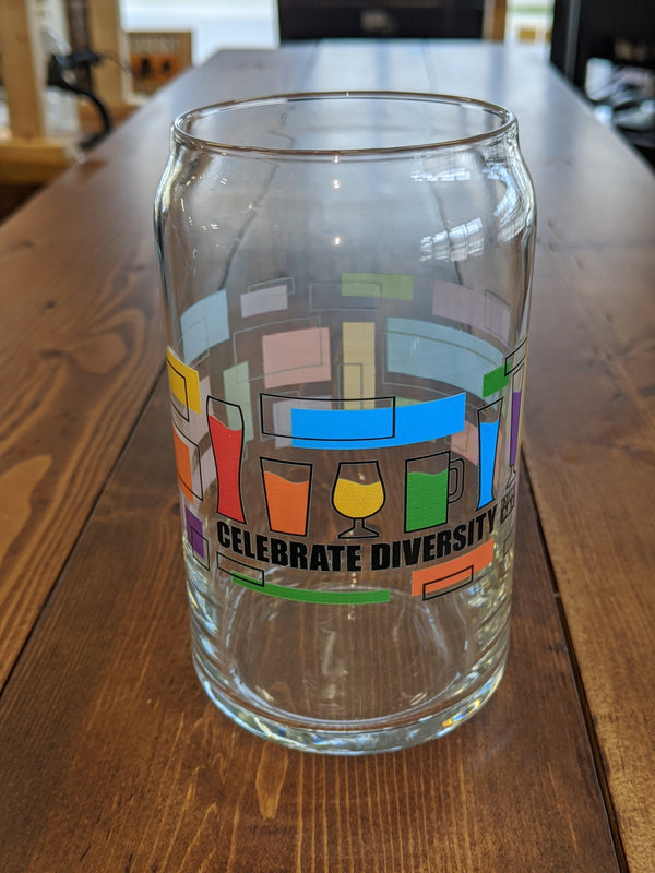Bell's Brewery glass cup with colorful icons showcasing various glass sizes and Celebrate Diversity printed in the middle