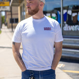 White tee shirt with maroon "Celebrate Diversity" on the pocket area, with a small maroon Bell's logo