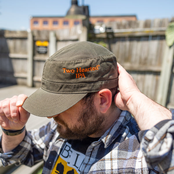 Olive green military hat with "Two Hearted IPA" embroidered in orange on the side