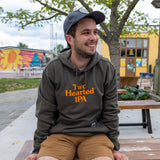 Olive green hooded sweatshirt with pouch pocket that features small sewn on Carhartt logo tag. Hood features matching cord and gold grommets. Large Two Hearted IPA logo screen printed across the chest.