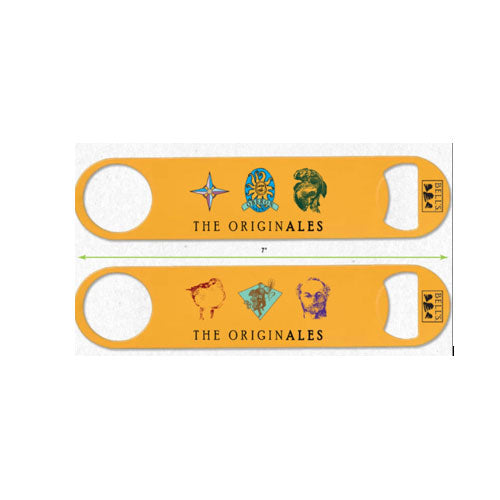 golden yellow paddle style bottle opener with Originales branding, featuring old Bell's logos