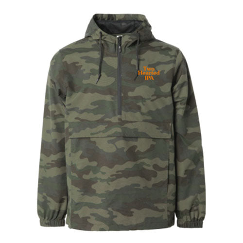 green camo windbreaker with half zip and pouch on front, with rubber applique of Two Hearted logo in orange on corner pocket.