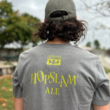 heathered gray short sleeve tee shirt with "Hopslam Ale" across the back in lime green with a small green Bell's logo above