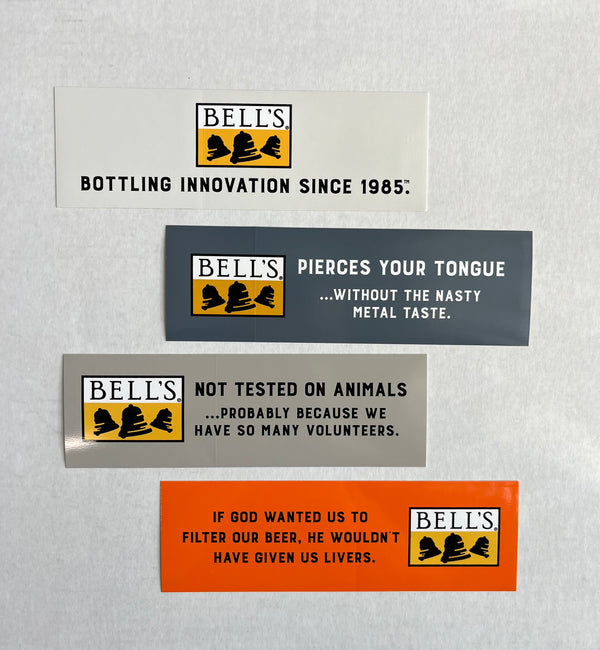 4 bumper stickers, all with Bell's logos featuring different slogans. 