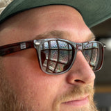 Tortoise colored Malibu style sunglasses with white Bell's logo on the temple