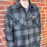 granite grey buffalo check plaid flannel shacket with full color Bell's logo pinch tag on right pocket