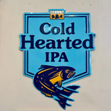 light blue Bells Cold Hearted IPA tin sign with a dark blue blue fish graphic and small full color Bell's logo at top and center