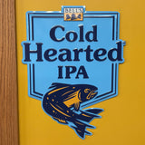 light blue Bells Cold Hearted IPA sign with a dark blue and yellow fish graphic and dark blue lettering 