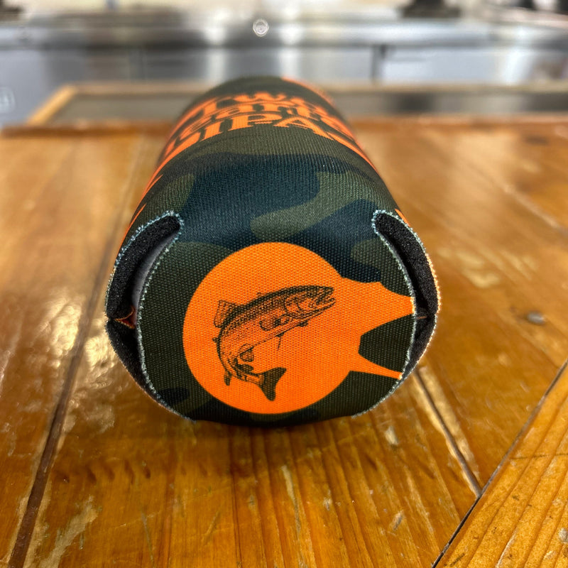 bottom of green camo can sleeve  with orange bottom featuring two hearted ipa fish logo in green