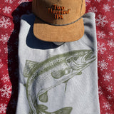 back of Gray Two Hearted crewneck sweater, with a large trout image in green across the back.  also features a brown corduroy hat with "Two Hearted IPA" embroidered in orange with green outline