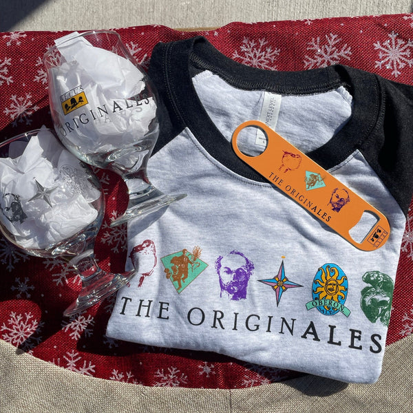 gray raglan style baseball shirt with black sleeves and OriginAles logo.  2 snifter style 16oz glasses with OriginaAles art, and gold paddle stule bottle opener with OriginAles art 