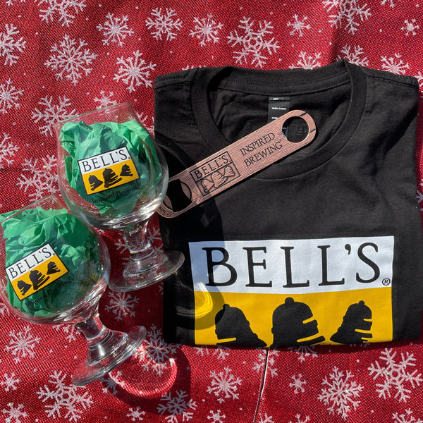 2 glass Bell's full color logo snifters, 1 black t shirt with full color Bell's logo, and 1 copper paddle style bottle opener with Bell's logo