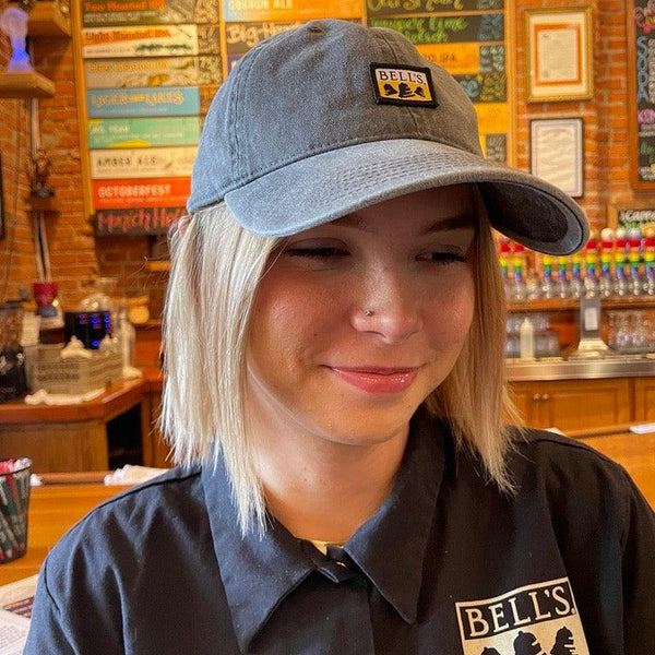 charcoal dad hat with small full color Bell's logo front and center