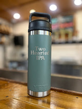 Camp green Yeti 18oz water bottle with silver metallic Two Hearted logo embossed in the center and a black lid.