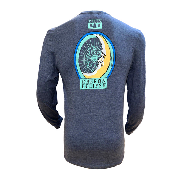 A heather gray shirt with the Oberon Eclipse logo screen printed on the back below the Bell's logo.