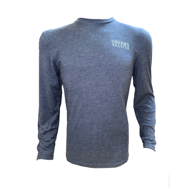 A heather gray long-sleeve shirt with Oberon Eclipse written on the breast.