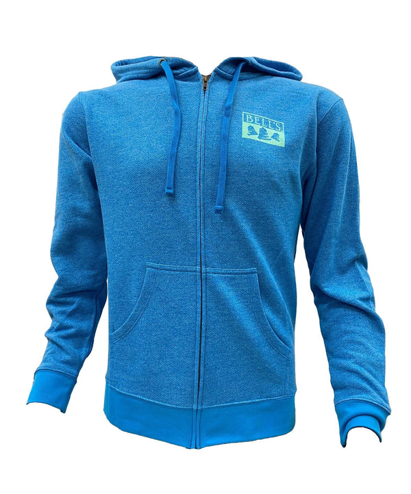 Heathered turquoise zip up hoodie with full color Oberon logo on the back, with small blue Bell's logo on the front left pocket. 