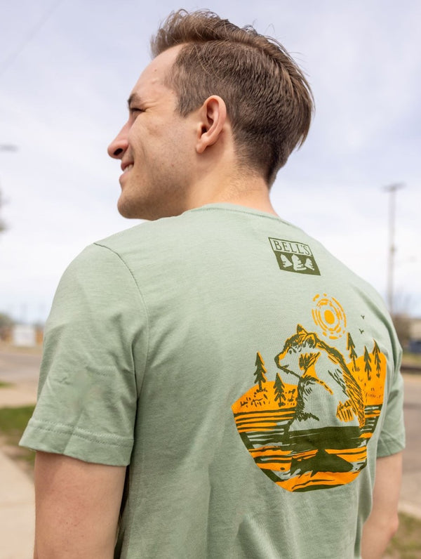 Sage green lightweight tee shirt with Bell's logo and circular image of a bear in a lake screen-printed on the back.