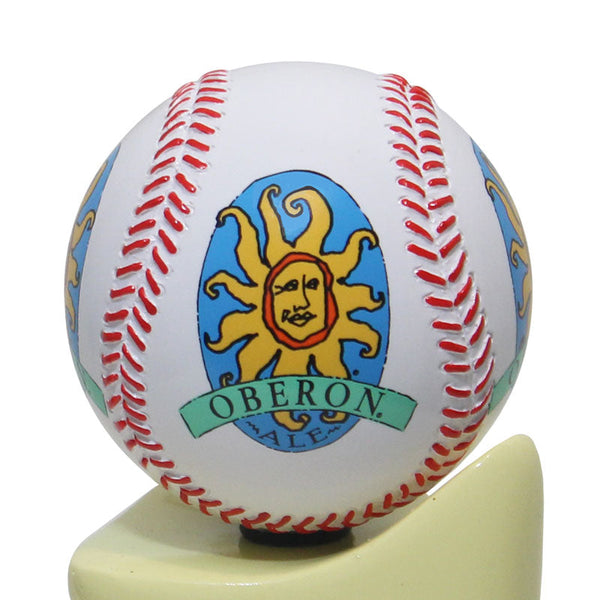 A tap handle globe with a baseball-like design featuring the Oberon brand logo in blue, orange, and yellow colors on a white background.