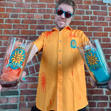 man in orange Oberon button up shirt and blue Oberon sunglasses holding two full color Oberon logo printed pints