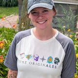 white and grey raglan-style t-shirt with 'THE ORIGINALES' printed on the front, with 6 full color vintage Bell's logos